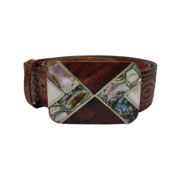 Vintage Mexican Brown Tooled Leather Belt Size L Inlay Buckle Mother of Pearl main image 7